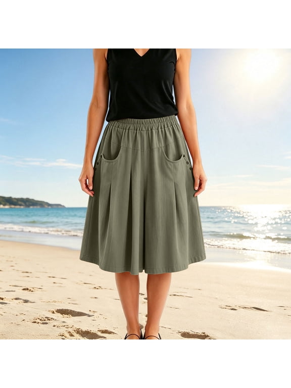 Women's Pleated Wide Leg Midi Culottes, Elastic Waist Mock Midi Skirt Look Five Quarter Pants with 2 Deep Pockets, Soft Lightweight Breathable Casual Trousers for Daily Work Weekend Green L