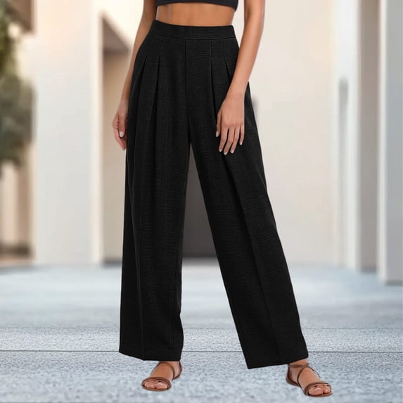 Women's Pleated Wide Leg Trousers Cotton High Waist Elegant Dress Pants for Office Loungewear Casual Black XXL