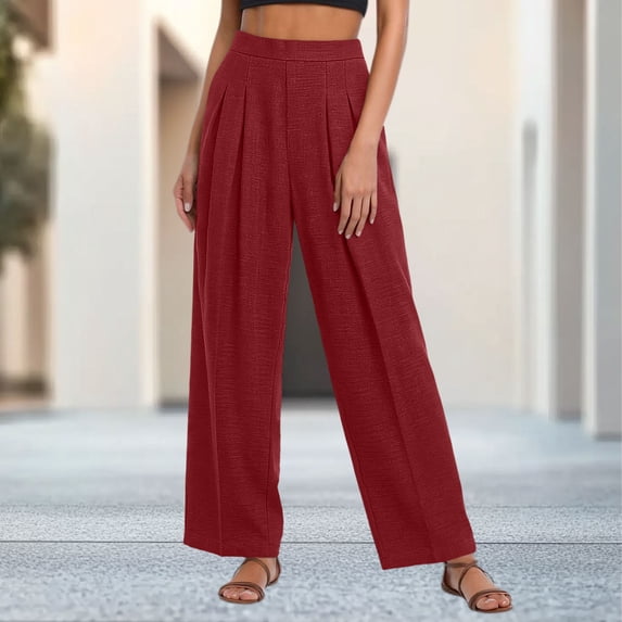 Women's Pleated Wide Leg Trousers Cotton High Waist Elegant Dress Pants for Office Loungewear Casual Red S