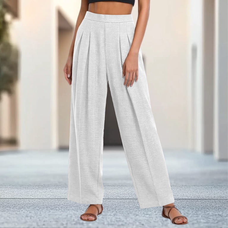 ZIFang Women's Pleated Wide Leg Trousers Cotton High Waist Elegant Dress Pants for Office Loungewear Casual White S, Size: Small