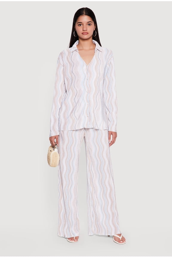 Women's Plisse Wavy Stripe High Waisted Pull On Pants