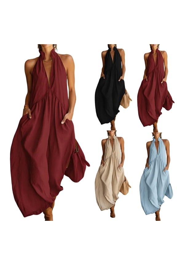 Women's Plunge Halter Sleeveless Pleated Long Romper Knit Jogger Maxi Jumpsuit with Pockets for Summer Beach Vacation Casual Daily Wear Beige S