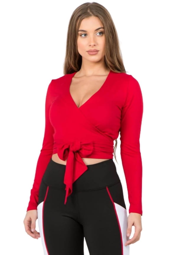 Women's Plunge Neck Wrap Tie Athleisure Crop Top, CRIMSON, L
