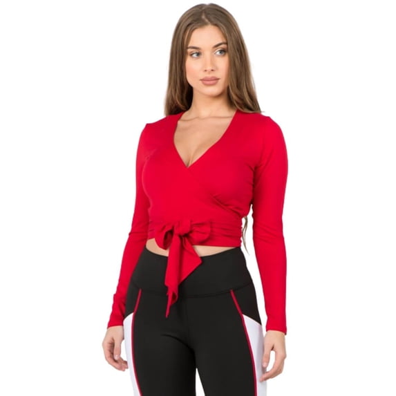 Women's Plunge Neck Wrap Tie Athleisure Crop Top, CRIMSON, S