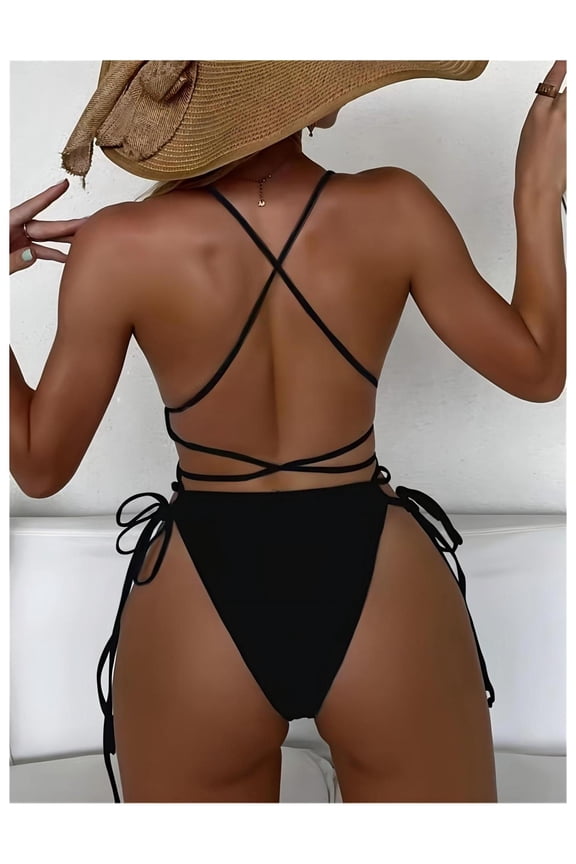 Women's Plunging One Piece Swimsuit Backless Cross Tie High Cut Thong Bathing Suit - Sexy Swimwear for Women Summer Beach Pool