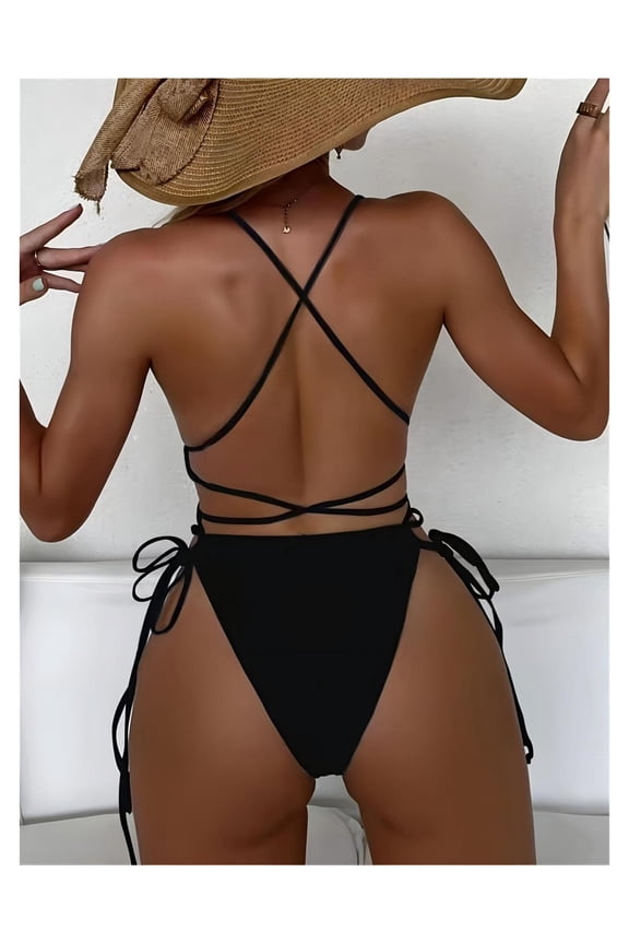 Women's Plunging One Piece Swimsuit Backless Cross Tie High Cut Thong Bathing Suit Sexy Swimwear for Women Summer Beach Pool