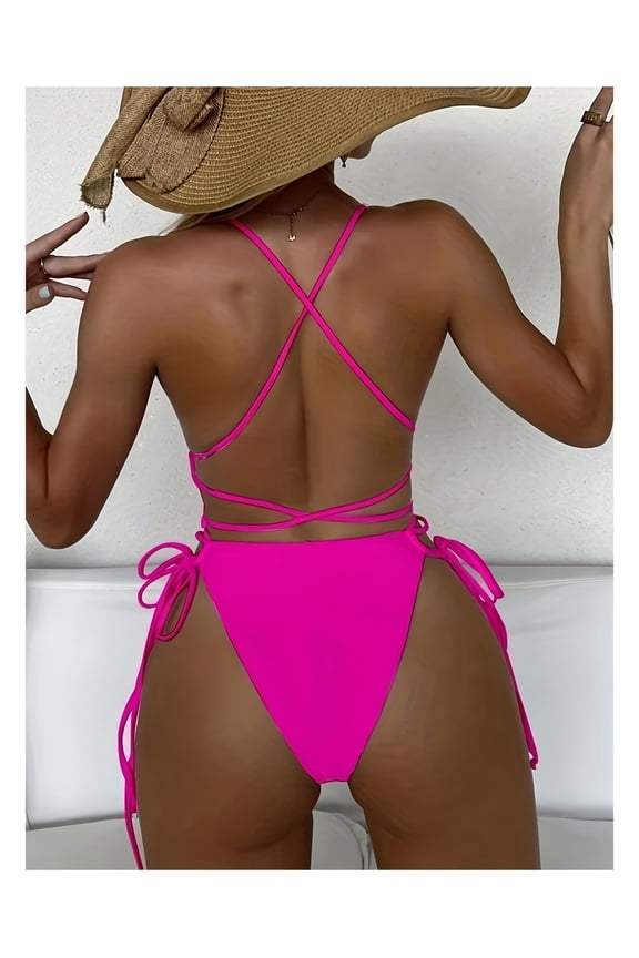 Women's Plunging Swimsuit One Piece - Backless Cross Tie High Cut Bathing Suit Sexy Thong Swimwear for Women Summer Beach Pool