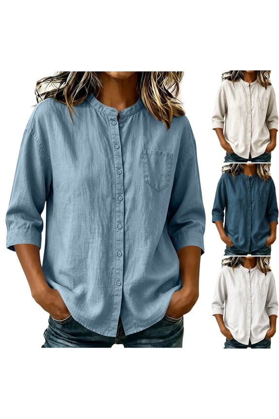 Women's Plus 3/4 Sleeve Button Down Blouse Stand Collar Loose Fit Drop Shoulder Chest Pocket Shirts for Work Office Teacher Fall Outfits, Light Blue, L