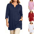 thumbnail image 1 of Women's Plus 3/4 Sleeve Flowy Tunic Tops Notch V Neck Loose Fit Soft Stretch Blouse Side Pockets to Wear with Leggings Fall Clothes, Navy, L, 1 of 8