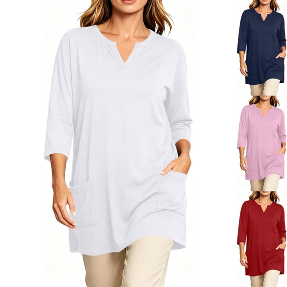 Women's Plus 3/4 Sleeve Flowy Tunic Tops Notch V Neck Loose Fit Soft Stretch Blouse Side Pockets to Wear with Leggings Fall Clothes, White, L