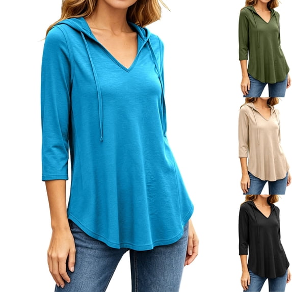 Women's Plus 3/4 Sleeve Tunic Tops Drawstring Hoodie V Neck Loose Fit Curved Hem Hooded Shirts to Wear with Leggings Fall Casual Outfits, Blue, XXL