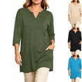 thumbnail image 1 of Women's Plus 3/4 Sleeve Tunic Tops Notch V Neck Flowy Blouses Loose Fit Long Shirts with Pockets to Wear with Leggings Office Daily Wear, Army Green, L, 1 of 8