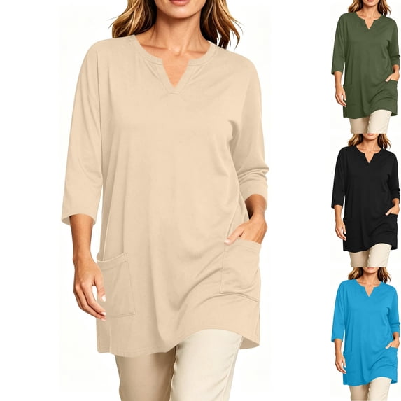 Women's Plus 3/4 Sleeve Tunic Tops Notch V Neck Flowy Blouses Loose Fit Long Shirts with Pockets to Wear with Leggings Office Daily Wear, Beige, XL