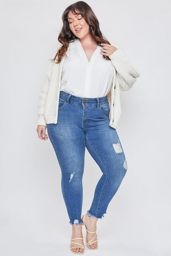 Women's Plus Basic 2-Button Seamed Waistband Fray Hem Ankle Jean