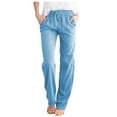thumbnail image 1 of Women's Plus Black Dress Pants Women Petite Length Linen Pants Women Plus Size Blue Women High Waisted Wide Leg Pants Casual Drawstring Elastic Trousers Comfy Straight Leg Long Pants with Pockets, 1 of 3