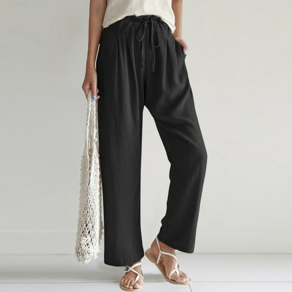 Women's Plus Black Dress Pants Women Petite Pull on High Waisted Pants for Women 2025 Linen Drawstring Pants Summer Lightweight Straight Leg Baggy Pants Pants