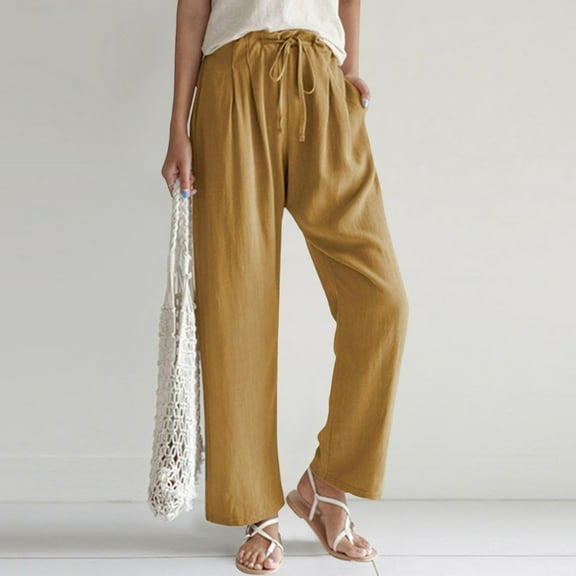 Women's Plus Black Dress Pants Women Petite Pull on High Waisted Pants for Women 2025 Linen Drawstring Pants Summer Lightweight Straight Leg Baggy Pants Pants