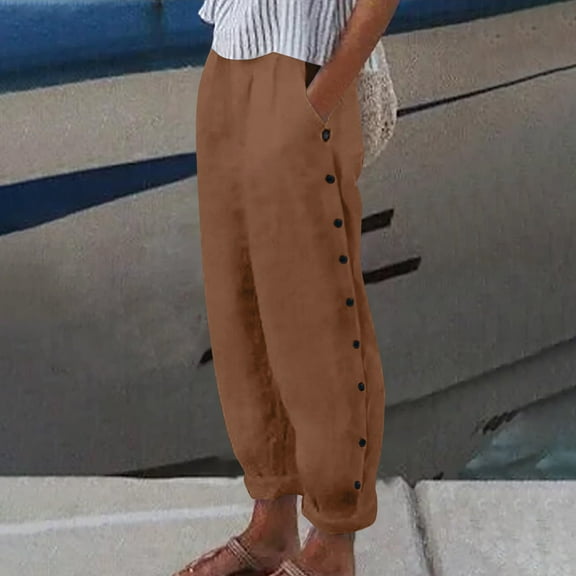 Women's Plus Black Dress Pants Women Plus Size Women Buttons Solid Pants High Waisted Wide Leg Pants Fashion Drawstring Elastic Trousers Comfy Straight Leg Long Pants with Pockets