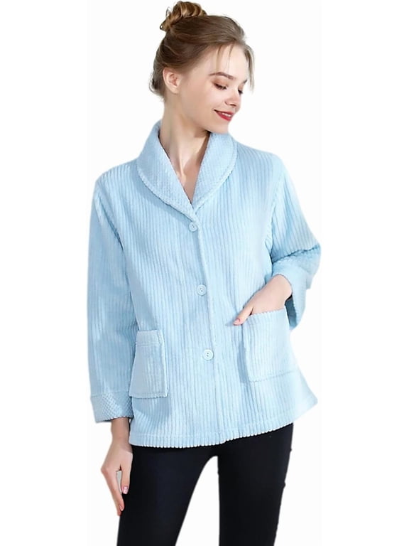 Blue Drop Needle Coral Fleece Shawl Collar Button Front Bed Jacket - 1X