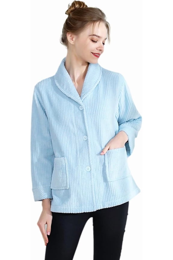 Blue Drop Needle Coral Fleece Shawl Collar Button Front Bed Jacket - 1X