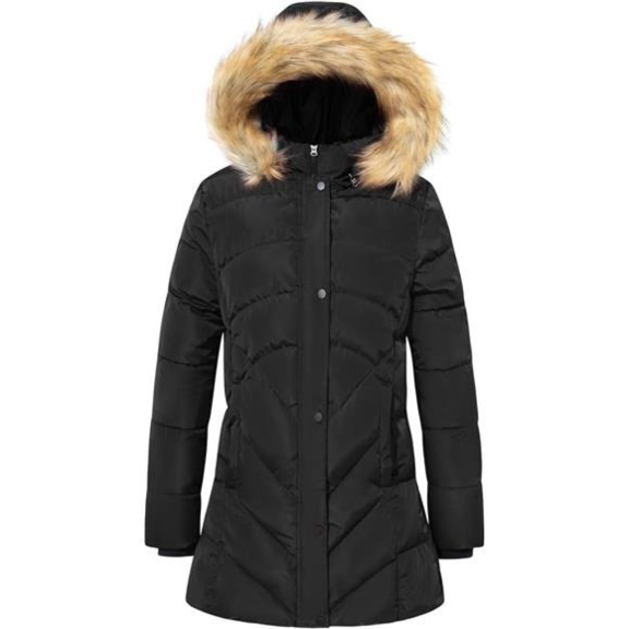 Women's Plus Button Front Faux Fur Trim Hood Puffer Jacket - (Black, 2X)