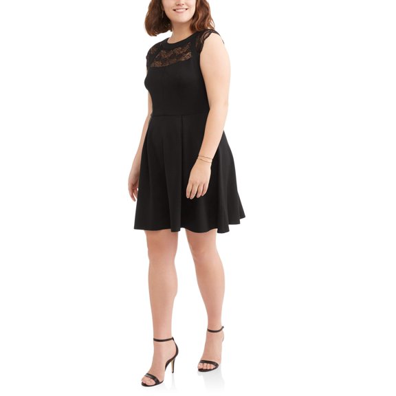 Women's Plus Cap Sleeve Dress With Lace Illusion