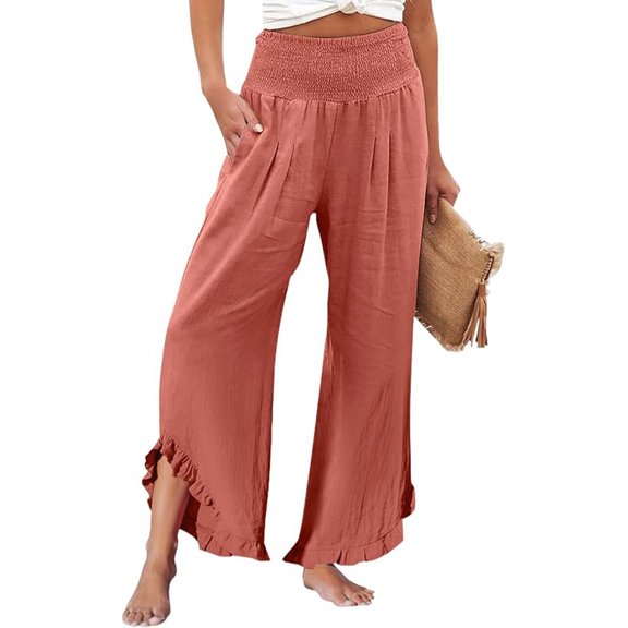 Women's Plus Cargo Pants Women High Waisted Women's Wide Leg Linen Pants with Elastic Waist and Pleated Hem Summer Loose and Comfortable Beach Pants with Pockets
