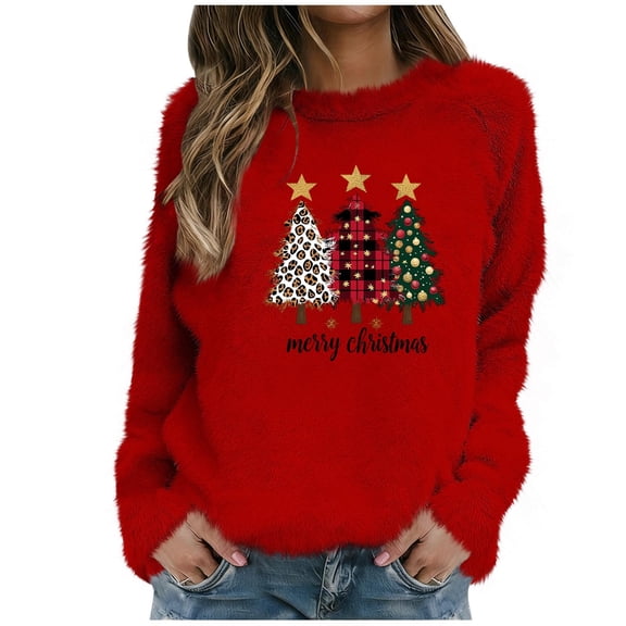 Women's Plus Christmas Sweaters Fashion Festive Graphic Long Sleeve Round Neck Casual Pullover Warm Tops (XXL, Red)