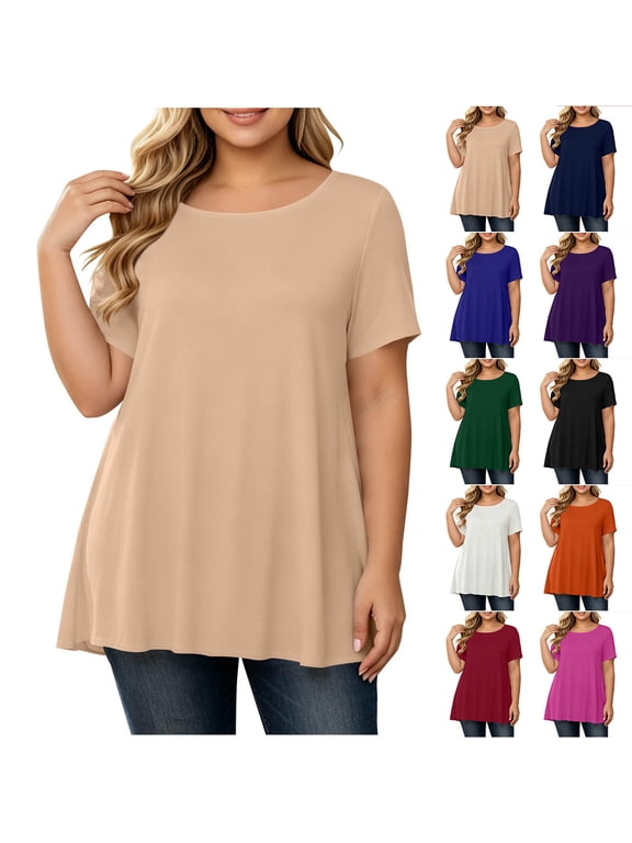 Women's Plus Crewneck Short Sleeve Tunic Tops Fall Solid Casual Loose Basic Swing Tee Shirts, Size XL-5XL