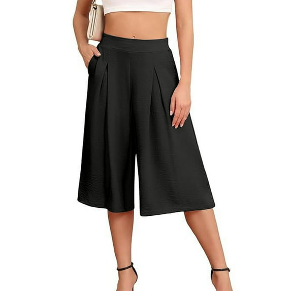 Women's Plus Dress Pants Women Tall Stretch Black Dress Pants Women Stretchy Short Wide Leg Women Capri Pants High Elastic Waisted Loose Casual Trousers Lightweight Comfy Pants with Pockets S 2Xl