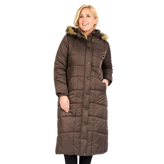 Women's Plus Full Length Quilted Puffer With Faux Fur Hood