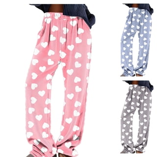 Women's Plus Fuzzy Fleece Heart Print Pajama Pants Wide Leg High Rise Elastic Waistband Sleepwear PJ Bottoms with Pockets for Winter, Pink, 5XL