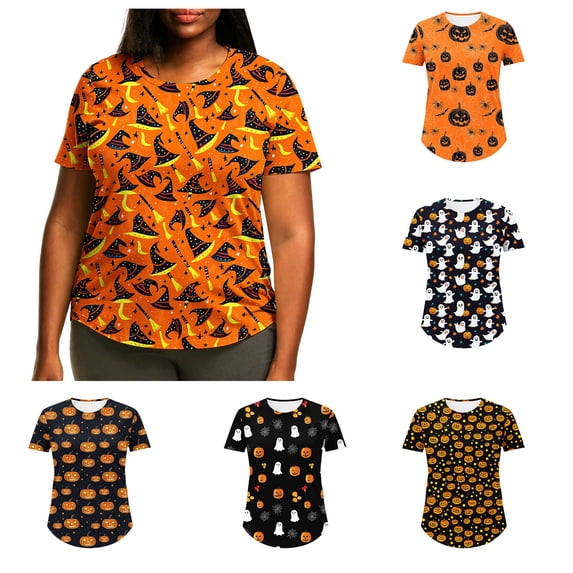 Women's Plus Halloween Short Sleeve T-Shirt Summer Fall Crewneck Pumpkin Printed Graphic Tee Tops M-5XL