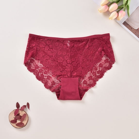 Women's Plus Lace Panties Mid Waisted Sheer Lace Stretchy Breathable Thin Briefs Red Panties for Women Tummy L