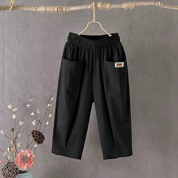 Women's Plus Linen Pants Women Plus Size Wide Leg Capri Black Pants for Women Work Casual Flare Women's Pants Summer Wide Leg Casual Loose Drawstring High Waist Palazzo Pants Trousers with Pockets