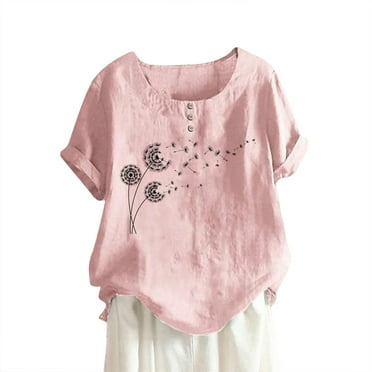 Women's Plus Linen Tops Womens Cotton Linen Tops Crew Neck Printed Short Sleeve Tops Summer Dressy Casual Tunic Tops Trendy Comfy Shirtss