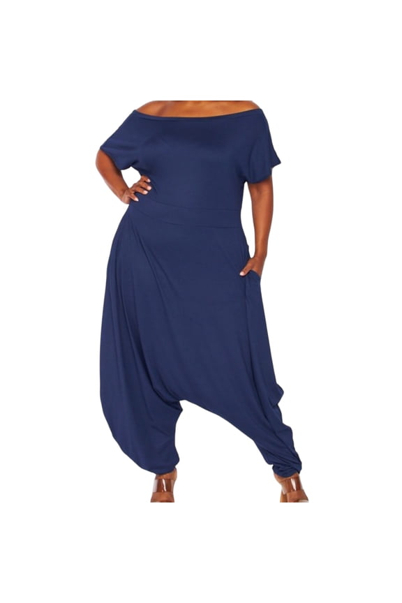 Women's Plus Navy Off the Shoulder Harem Jumpsuit
