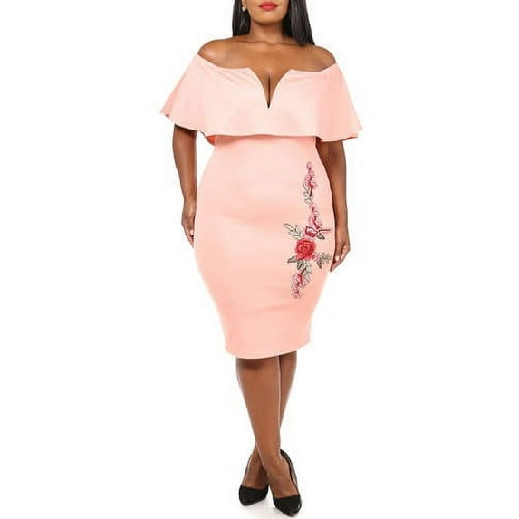 Women's Plus Off Shoulder Flounce Bodycon Dress with Embroidery
