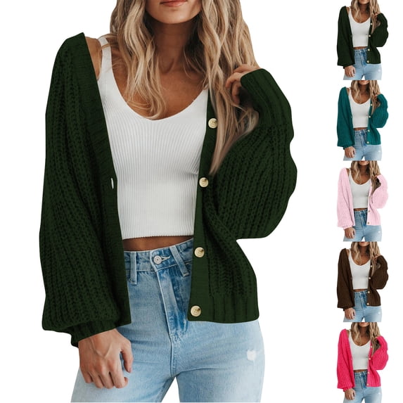 Women's Plus Open Front Cardigan Solid Color Long Sleeve Button Sweater Tops Holiday Travel Clothing