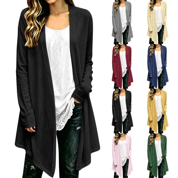 Women's Plus Open Front Cardigan Solid Linen-cotton Long Sleeve Cardigans for Daily Commuting Wear