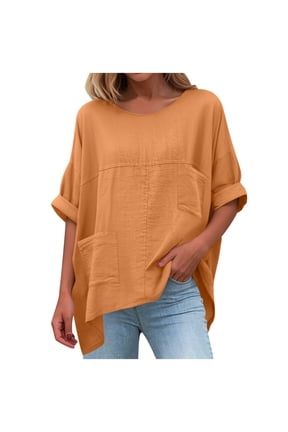 Women's Plus Oversized Elbow Sleeve Cotton Tunics Round Neck Flowy Asymmetrical Handkerchief Hem, Casual Loose Fit Tops with Pockets Summer Vacation Clothes 2026