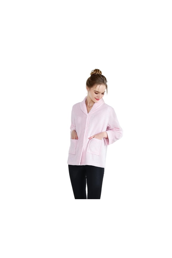 Pink Drop Needle Coral Fleece Shawl Collar Button Front Bed Jacket - 1X