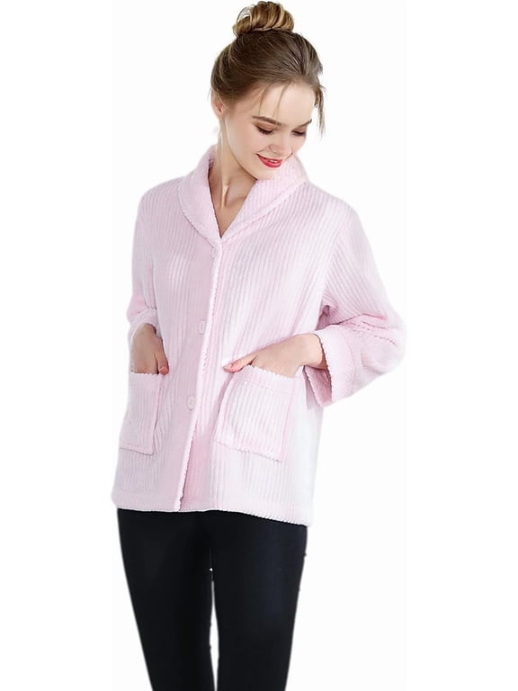 Pink Drop Needle Coral Fleece Shawl Collar Button Front Bed Jacket - 2X
