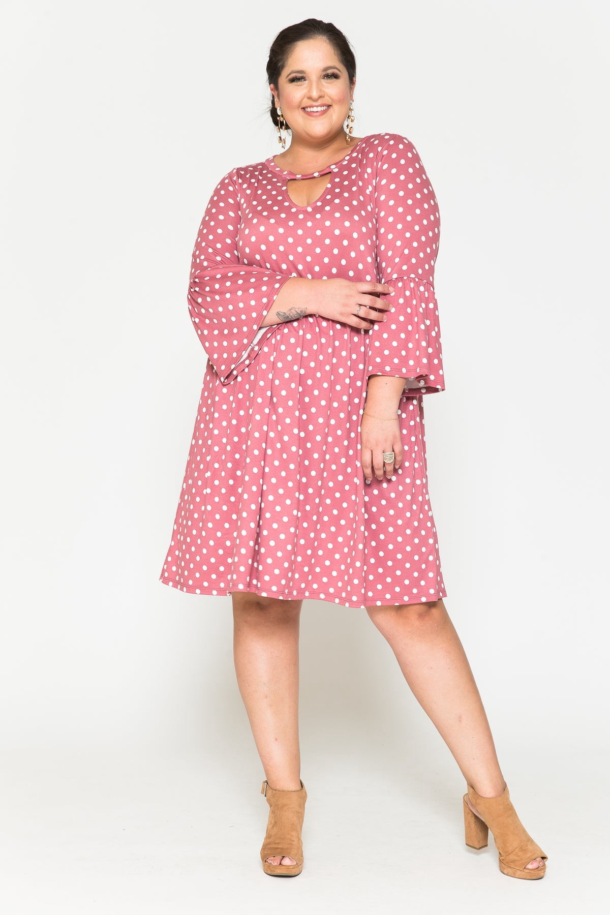 Women's Plus Polka Dot Dress with Long Bell Sleeves