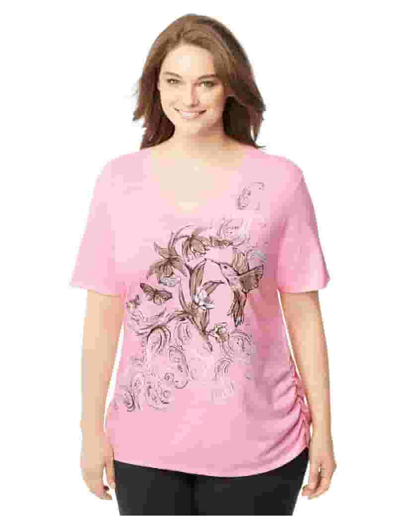【WONDER WONDER】Butting Shirring V-neck Short Sleeve T Women's Plus Printed V-neck T-shirt w/ Side Shirring
