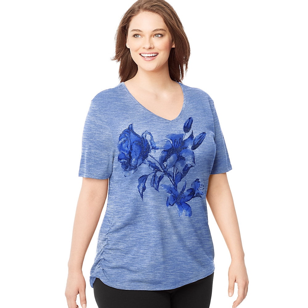 【GENERAL IDEA】Acetate V-Neck Shirring 半袖Tシャツ Women's Plus Printed V-neck T-shirt w/ Side Shirring