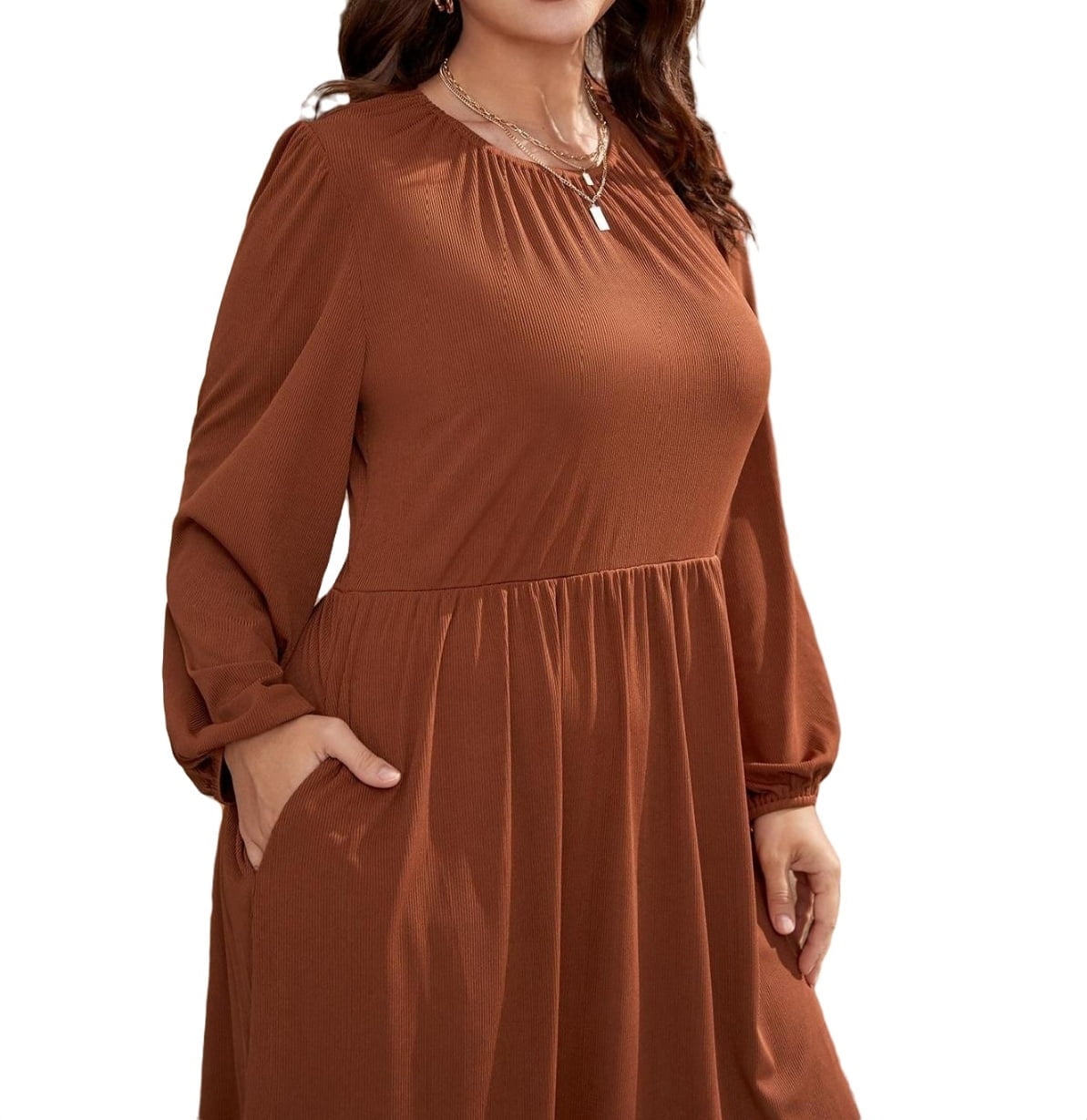 Women's Plus Round Neck Solid Midi Dress Casual Long Sleeves Tunic Dress  4XL(20) Rust Brown - Walmart.com