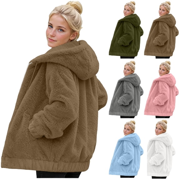 Women's Plus Sherpa Fleece Long Sleeve Hooded Jacket Full Zip Oversized Teddy Coat with Pockets Fall Winter Outfits for Lounge Streetwear, Coffee, XXL