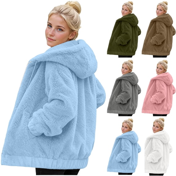 Women's Plus Sherpa Fleece Long Sleeve Hooded Jacket Full Zip Oversized Teddy Coat with Pockets Fall Winter Outfits for Lounge Streetwear, Sky Blue, XXL