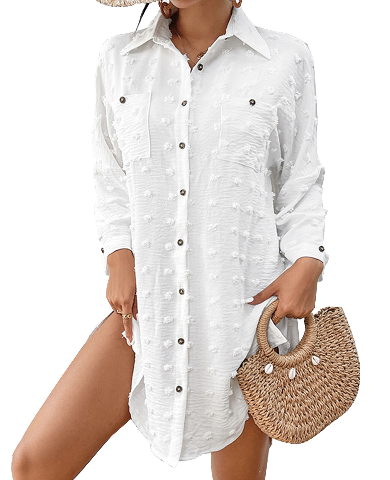 Women's Plus Shirt Coverup with Long Sleeves Button Down Swimsuit Cover